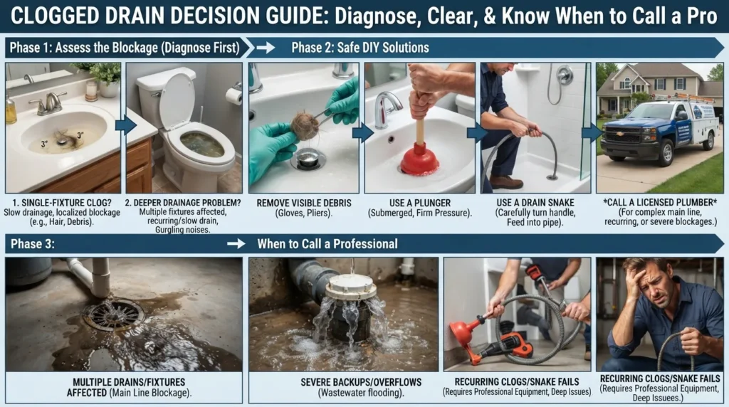 Homeowner checking a clogged drain, using safe clearing methods, and identifying signs that a professional plumber may be needed