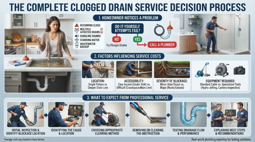 Homeowner reviewing a clogged drain service guide showing when to call a plumber, common service cost factors, and what happens during professional drain cleaning.