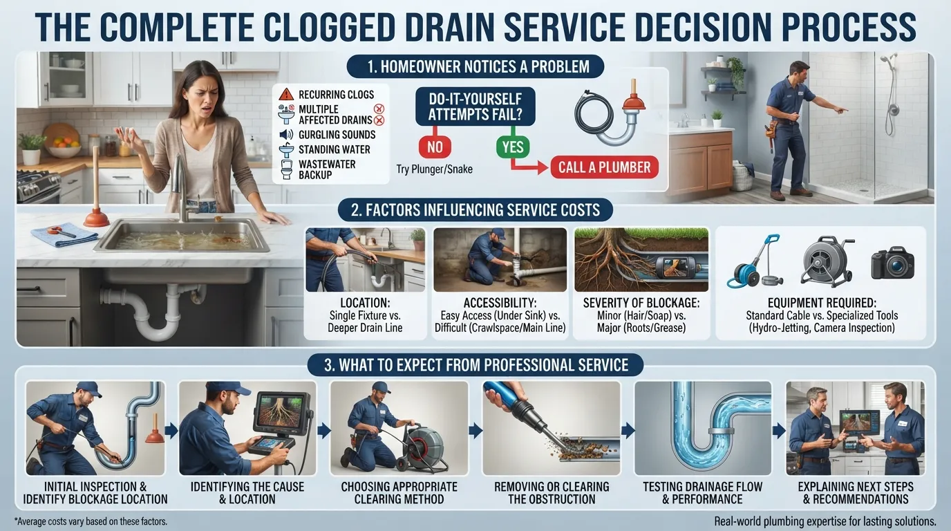 Homeowner reviewing a clogged drain service guide showing when to call a plumber, common service cost factors, and what happens during professional drain cleaning.