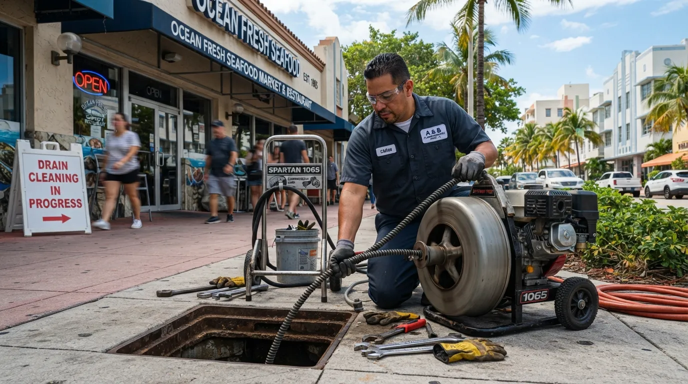 Professional plumber performing commercial drain cleaning at a business property in Miami, Florida.