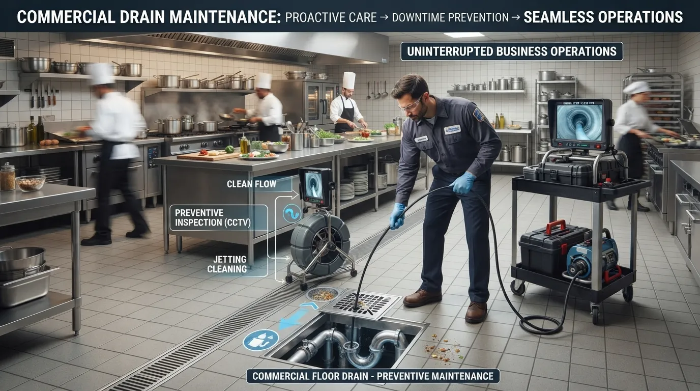 Commercial drain maintenance overview showing preventive cleaning, clog prevention, backup protection, routine inspection, and steps to reduce business downtime.