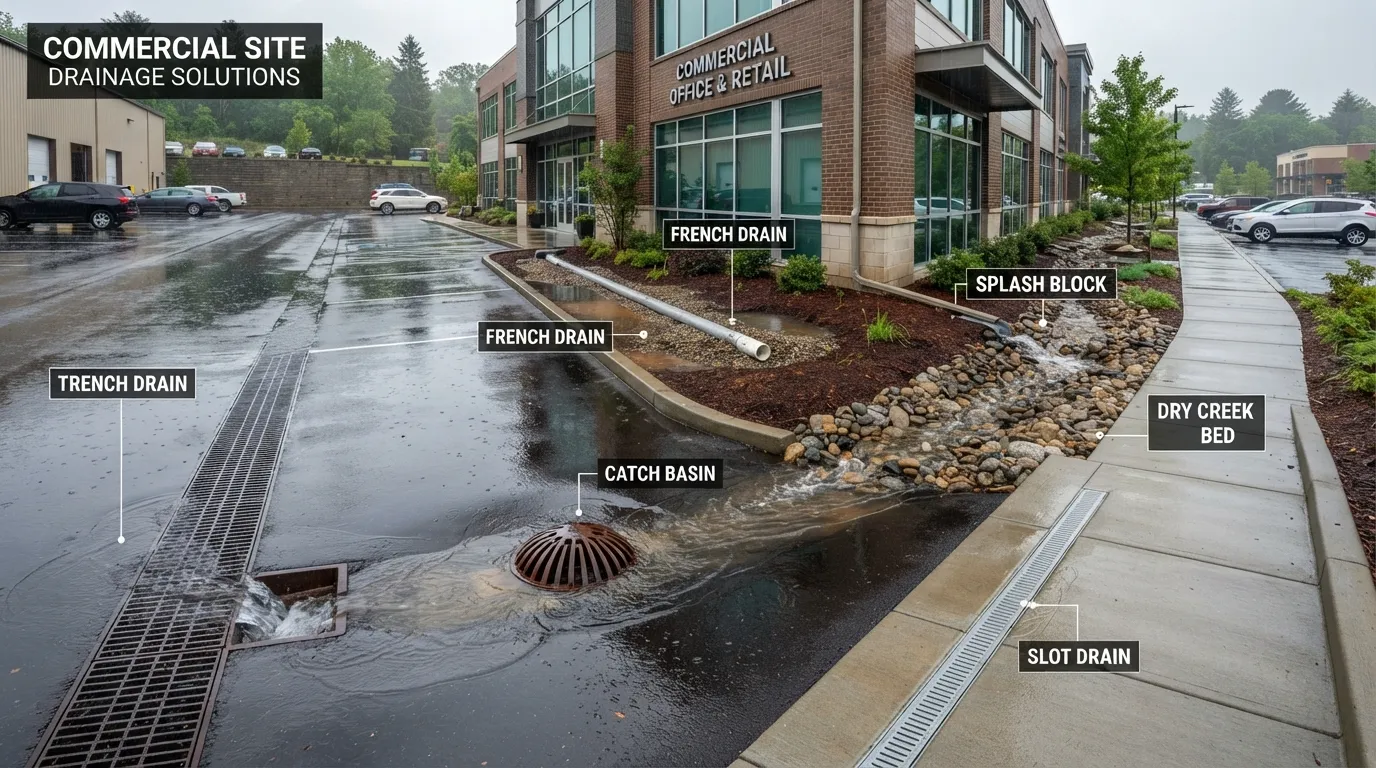 Comparison of commercial drainage solutions showing different drainage systems and how to choose the right option based on property needs and water problems.