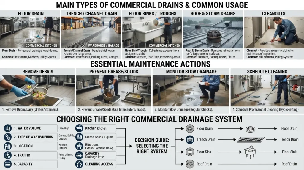 Visual guide showing common commercial drain types, where they are used, basic maintenance needs, and key factors for choosing the right drainage system.