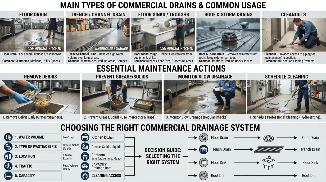 Visual guide showing common commercial drain types, where they are used, basic maintenance needs, and key factors for choosing the right drainage system.