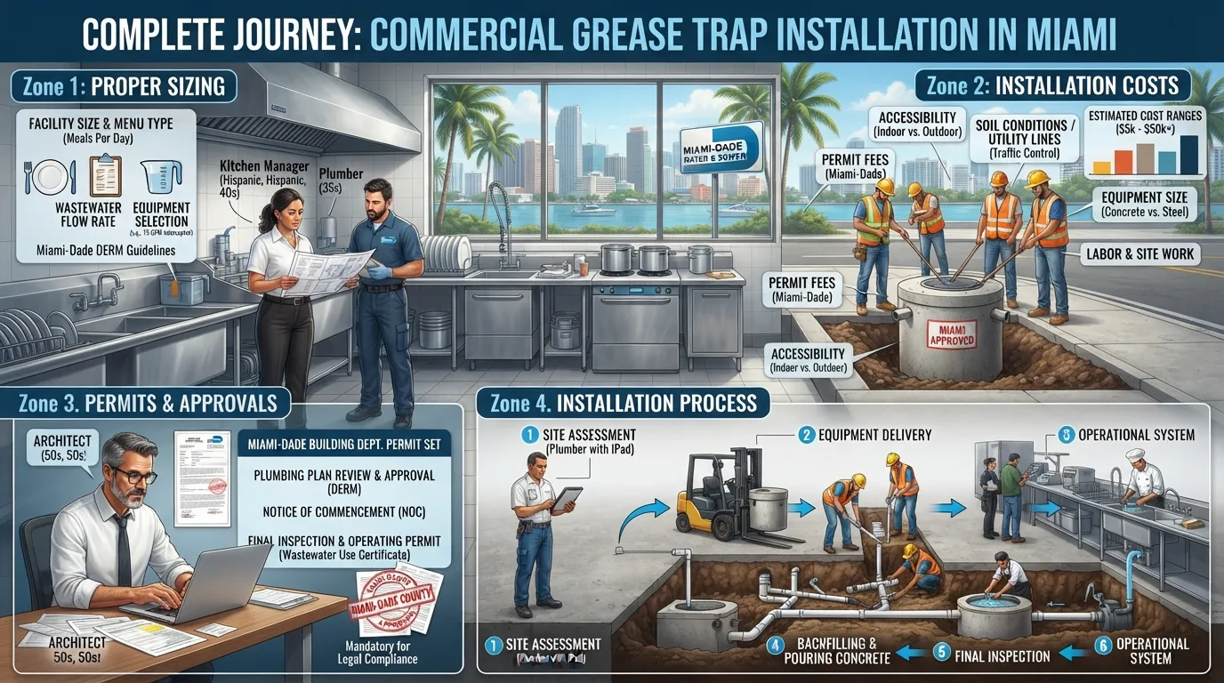 Commercial grease trap installation in Miami showing grease trap sizing, installation cost factors, permit requirements, and the step-by-step installation process.