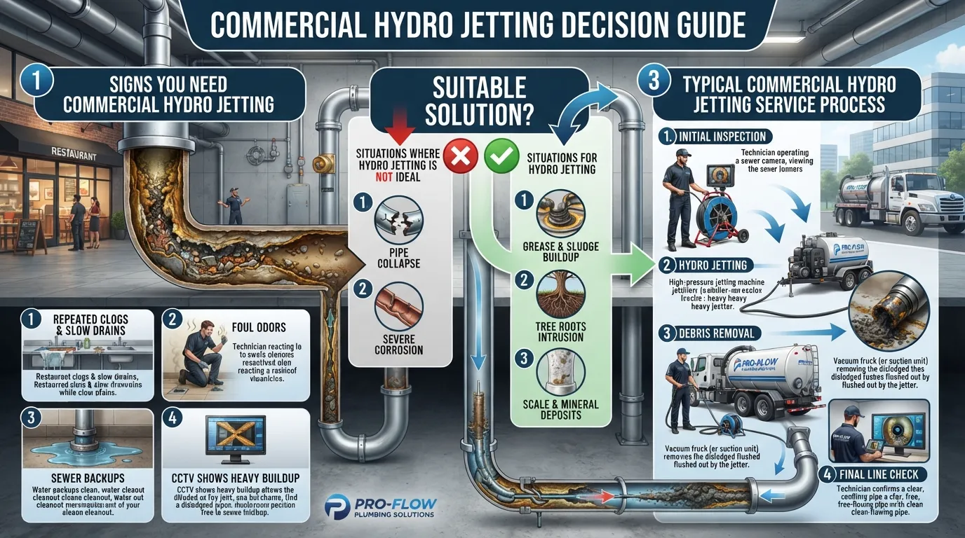 Commercial hydro jetting visual showing when a business may need hydro jetting, when it may not be suitable, and what to expect during the service.