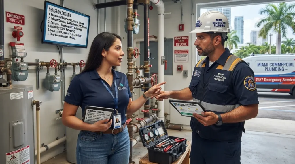 Miami business owner comparing commercial plumbers based on experience, services, response time, reliability, and suitability for commercial plumbing needs.