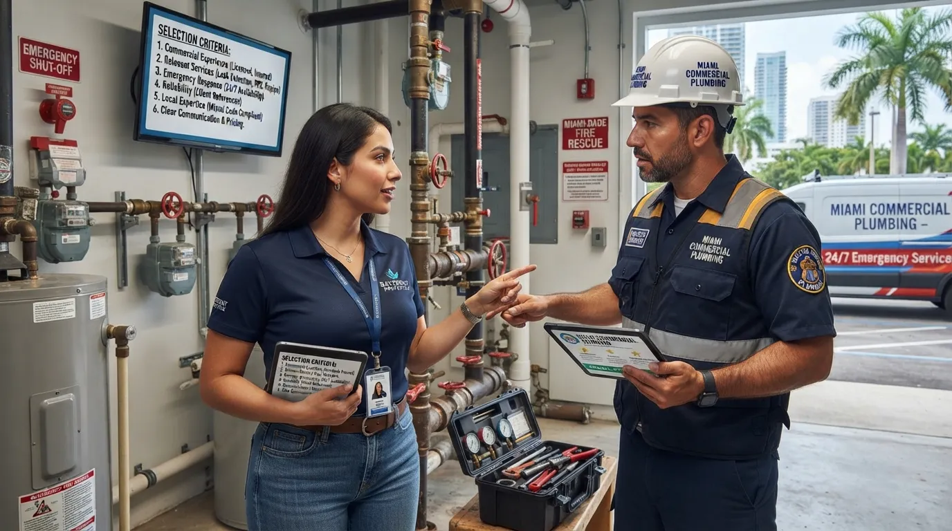 Miami business owner comparing commercial plumbers based on experience, services, response time, reliability, and suitability for commercial plumbing needs.