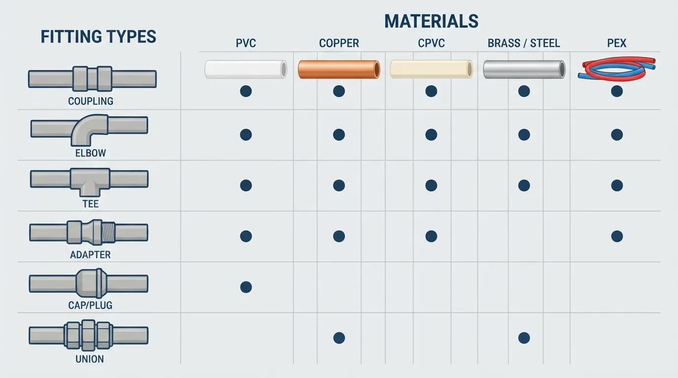 Comparison chart showing different types of 3/4 inch pipe fittings including coupling, elbow, tee, adapter, and cap alongside common materials like PVC, copper, and PEX