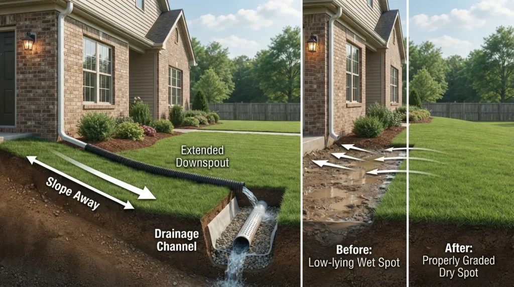 Diagram showing multiple methods to drain water away from a house, including sloped grading, downspout extension, and a drainage channel around the yard