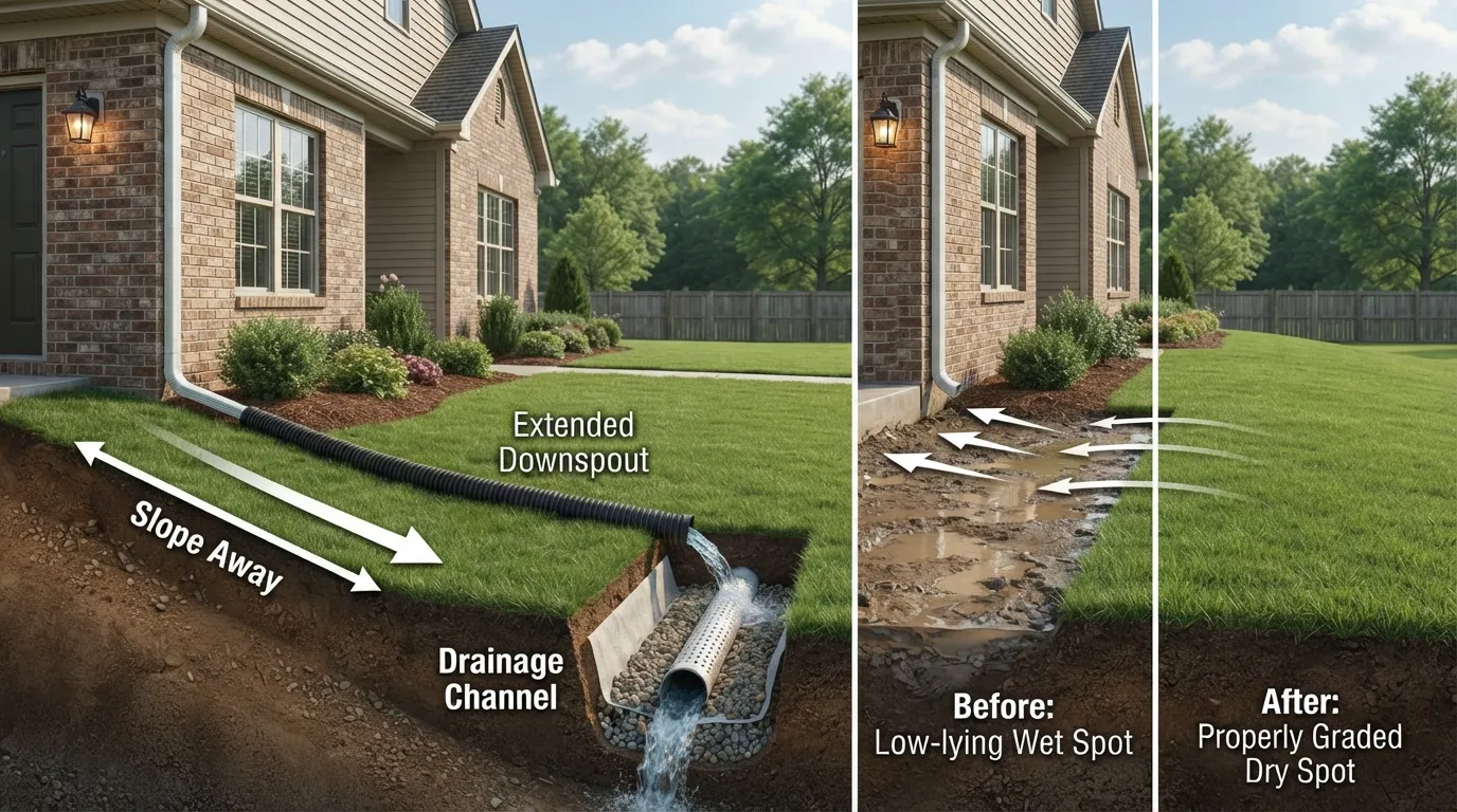 Diagram showing multiple methods to drain water away from a house, including sloped grading, downspout extension, and a drainage channel around the yard
