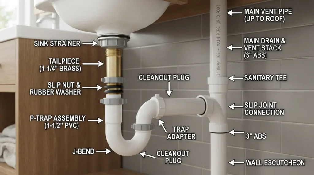 Detailed diagram and layout showing essential plumbing drain parts, including PVC pipes, P-traps, slip nuts, and sink drainage fittings.