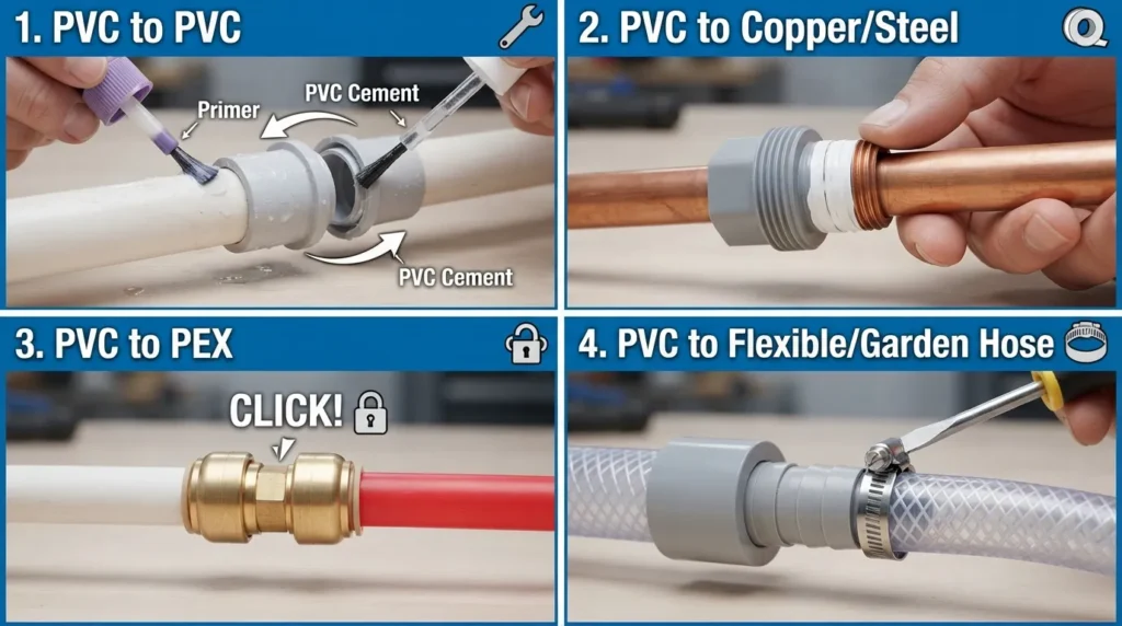 Diagram showing four methods to connect a water pipe to PVC, including solvent-welded PVC joint, threaded adapter to copper pipe, push-to-connect fitting to PEX pipe, and hose-barb connection to flexible tubing