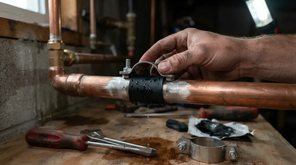 Hands using a copper pipe repair kit with clamp and rubber patch to seal a small leak on a copper water pipe