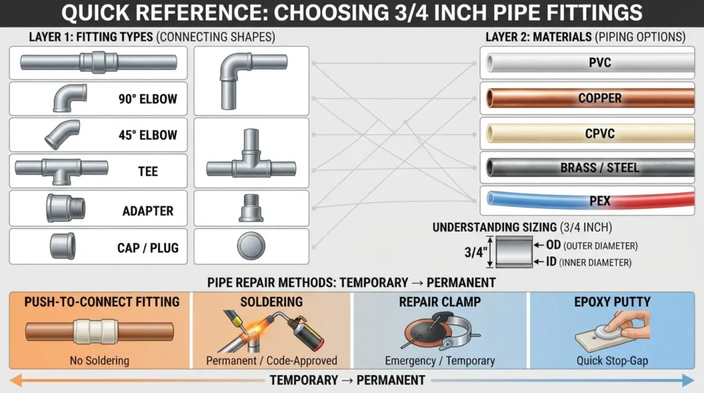 Comparison graphic showing four ways to fix a leaking copper pipe, including push-to-connect fitting, soldering, repair clamp, and epoxy putty, with icons for each method
