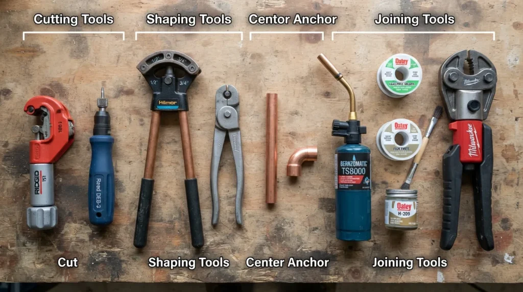 Flat-lay photo of essential copper pipe tools including a tubing cutter, deburring tool, soldering torch, solder wire, flux, and a copper press fitting tool arranged on a work surface.