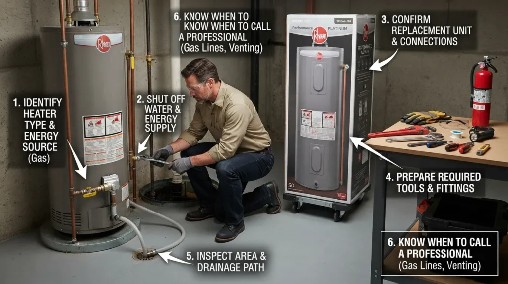 Homeowner preparing for a DIY water heater replacement with a new tank, plumbing connections, tools, safety equipment, and shutoff valves visible