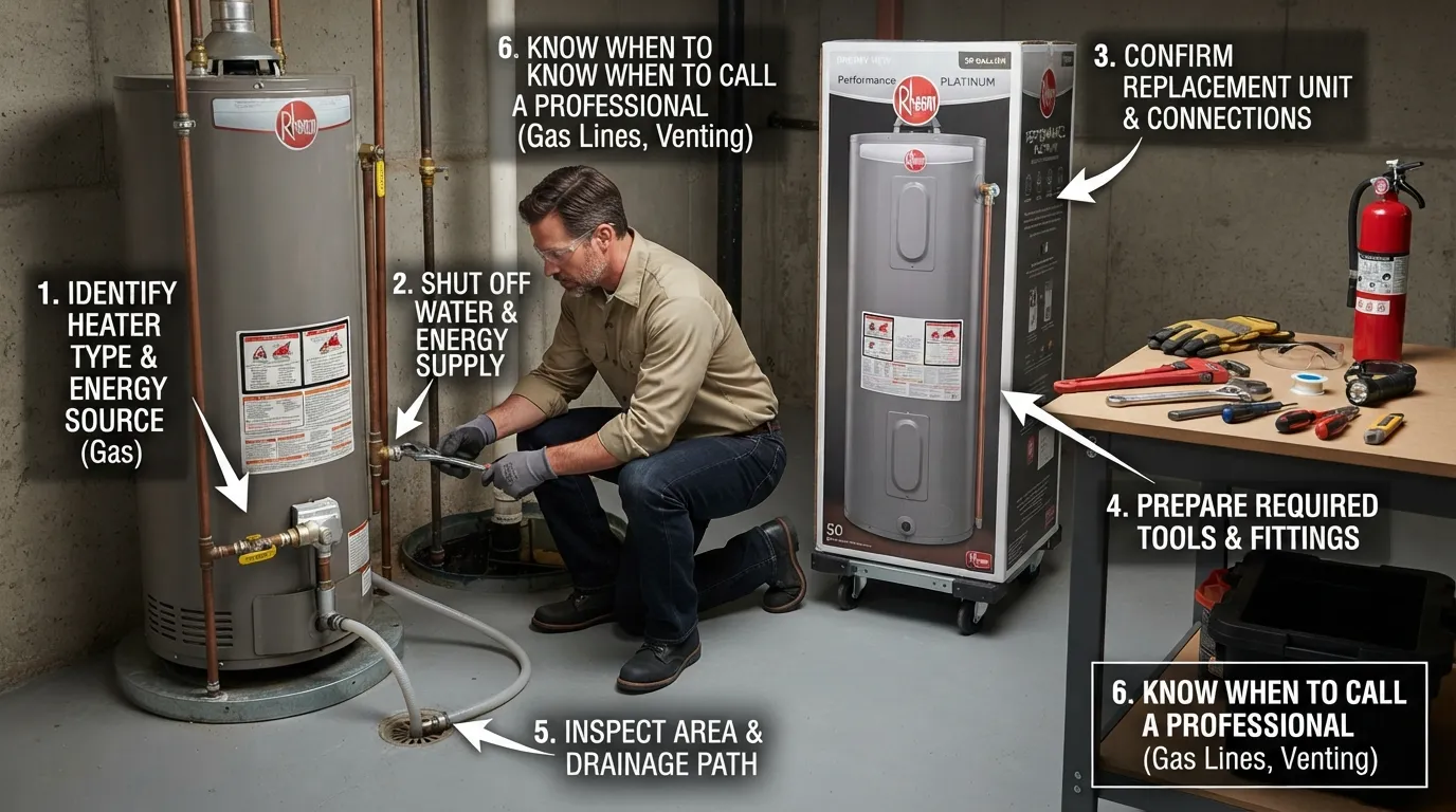 Homeowner preparing for a DIY water heater replacement with a new tank, plumbing connections, tools, safety equipment, and shutoff valves visible
