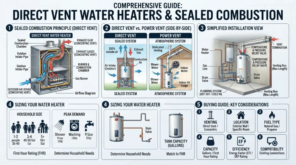 Diagram showing how a direct vent water heater works, direct versus power venting, installation setup, sizing considerations, and buying factors