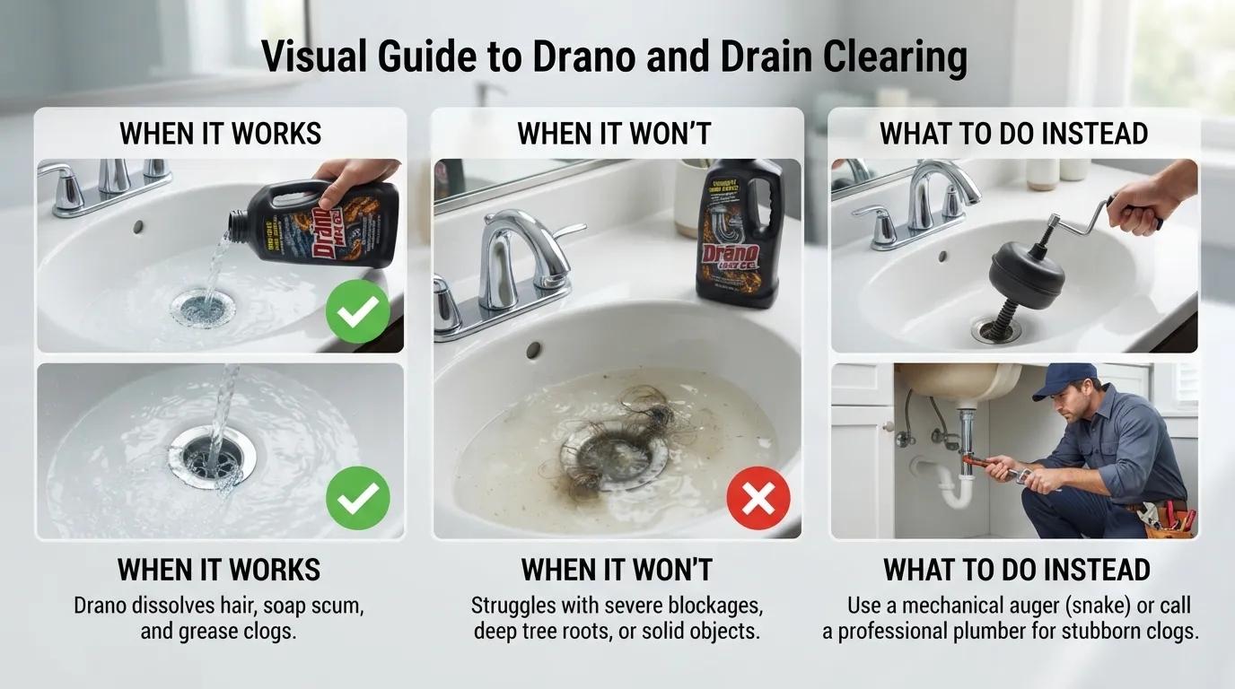 Visual guide showing when Drano may work on a clogged drain, when it may not work, and the next steps to take if the clog remains.