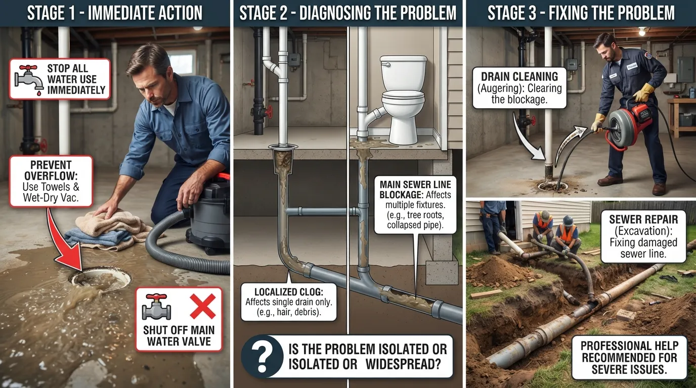 Home drain backup visual showing wastewater backing up through a household drain, immediate actions to stop water use, signs of a blocked drain or sewer line, and steps to diagnose and fix the problem.