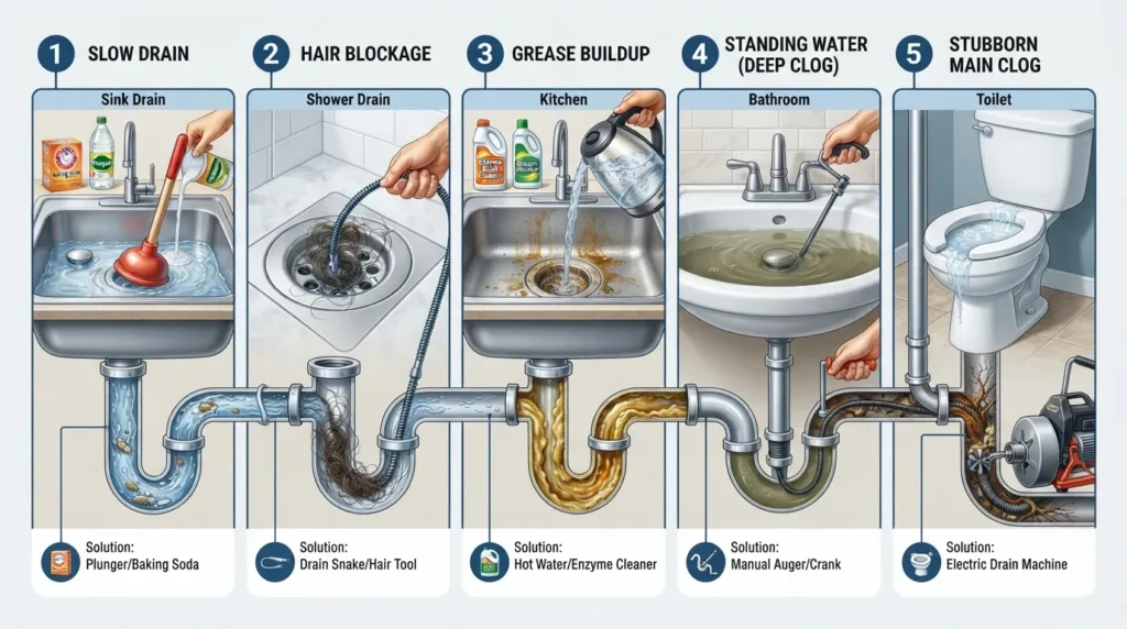 Comparison of drain cleaning methods matched to different clog types, showing how to choose the right solution based on the blockage.