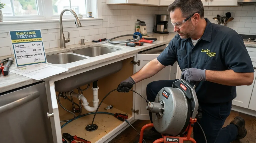 Plumber performing professional drain cleaning beside a sink with visible pricing information showing what homeowners may expect to pay for drain cleaning service.