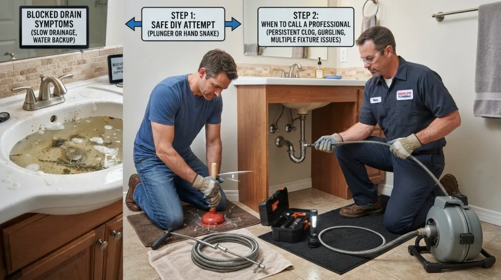 Plumber demonstrating safe drain clearance methods for a blocked drain, including removing the clog and identifying when professional plumbing help is needed.