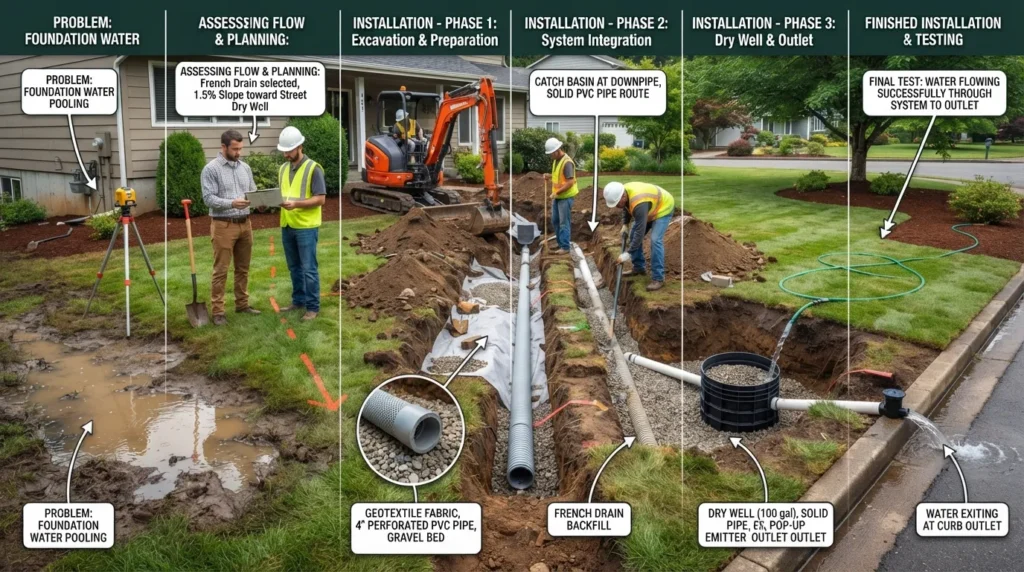 Drain construction diagram showing how to identify a water problem, choose the right drainage system, plan the route and outlet, excavate, install drainage components, and test water flow.