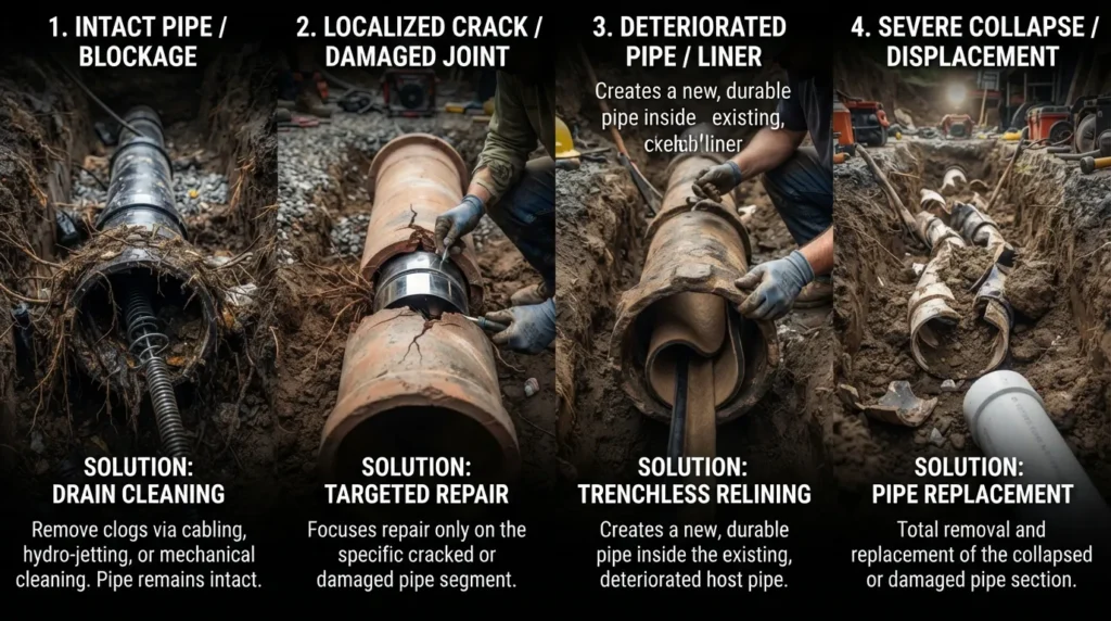 Drain line repair decision guide showing when a clogged or damaged drain pipe may need cleaning, structural repair, trenchless relining, or full replacement.