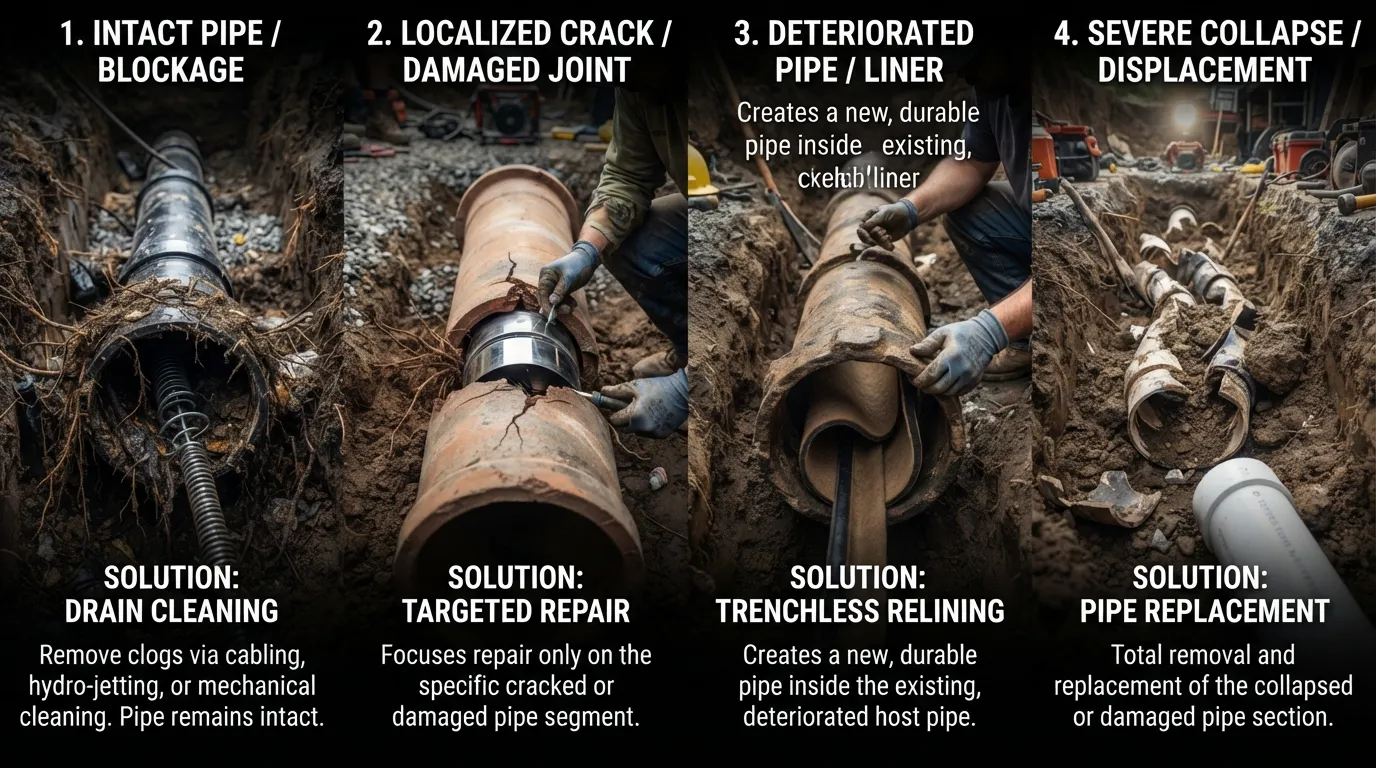 Drain line repair decision guide showing when a clogged or damaged drain pipe may need cleaning, structural repair, trenchless relining, or full replacement.