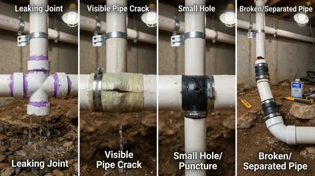 Plumber repairing a damaged drain pipe with visible leaks, cracks, holes, and a broken pipe section using appropriate drain line repair methods.