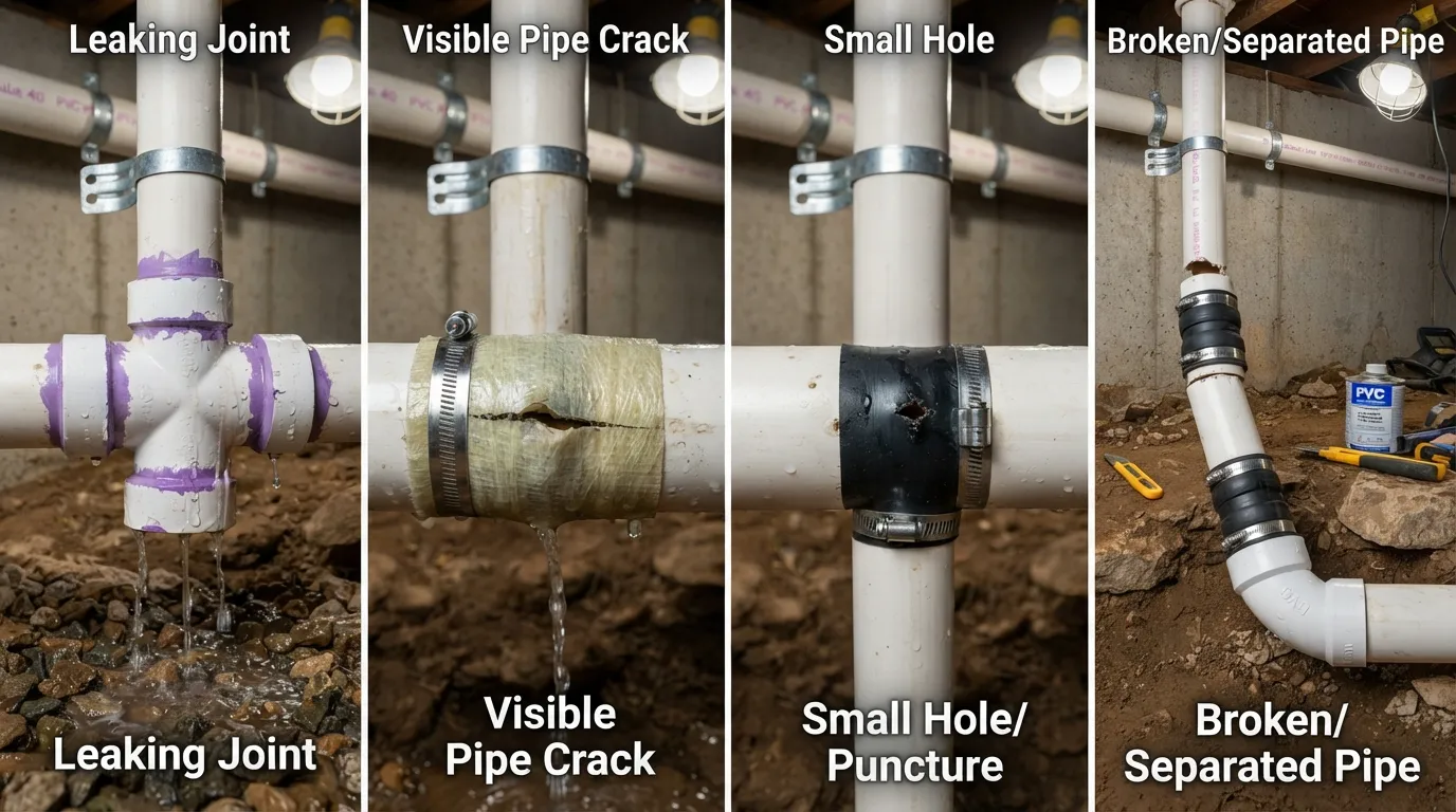 Plumber repairing a damaged drain pipe with visible leaks, cracks, holes, and a broken pipe section using appropriate drain line repair methods.