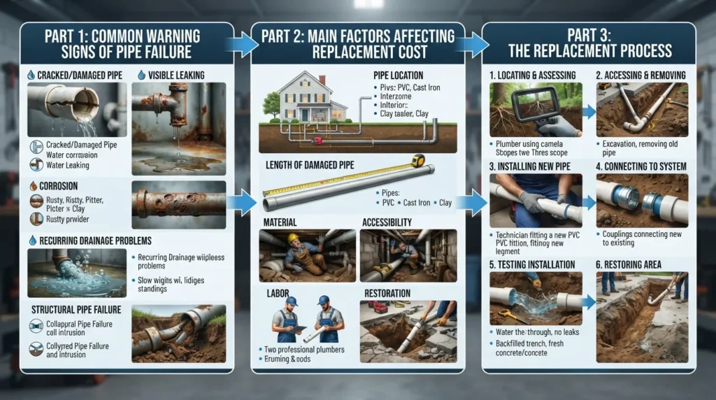 Visual guide showing signs a drain pipe may need replacement, key cost factors, and the main steps that follow during the replacement process.