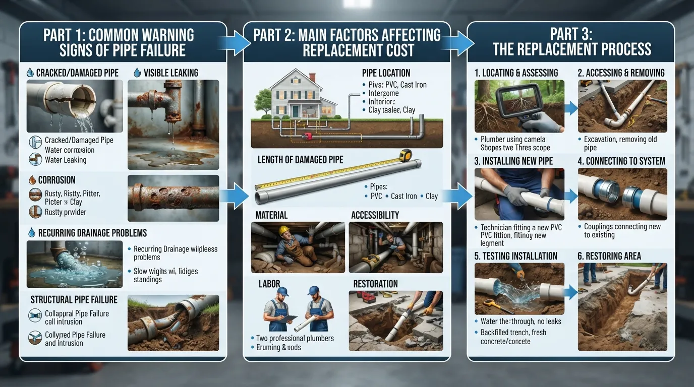 Visual guide showing signs a drain pipe may need replacement, key cost factors, and the main steps that follow during the replacement process.