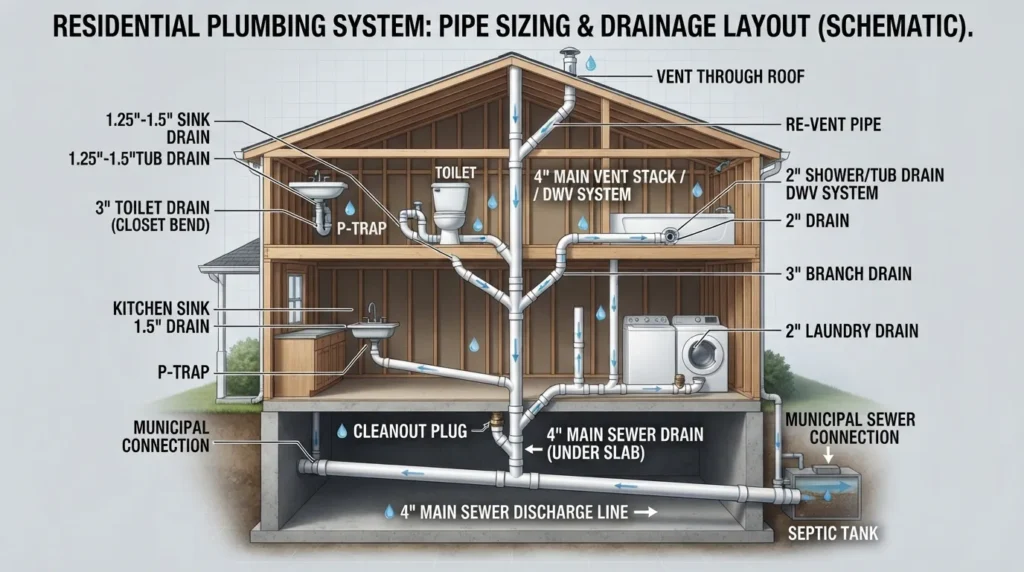 Comprehensive plumbing diagram showing standard drain pipe sizes for bathroom sinks, kitchen sinks, showers, toilets, and main sewer lines.