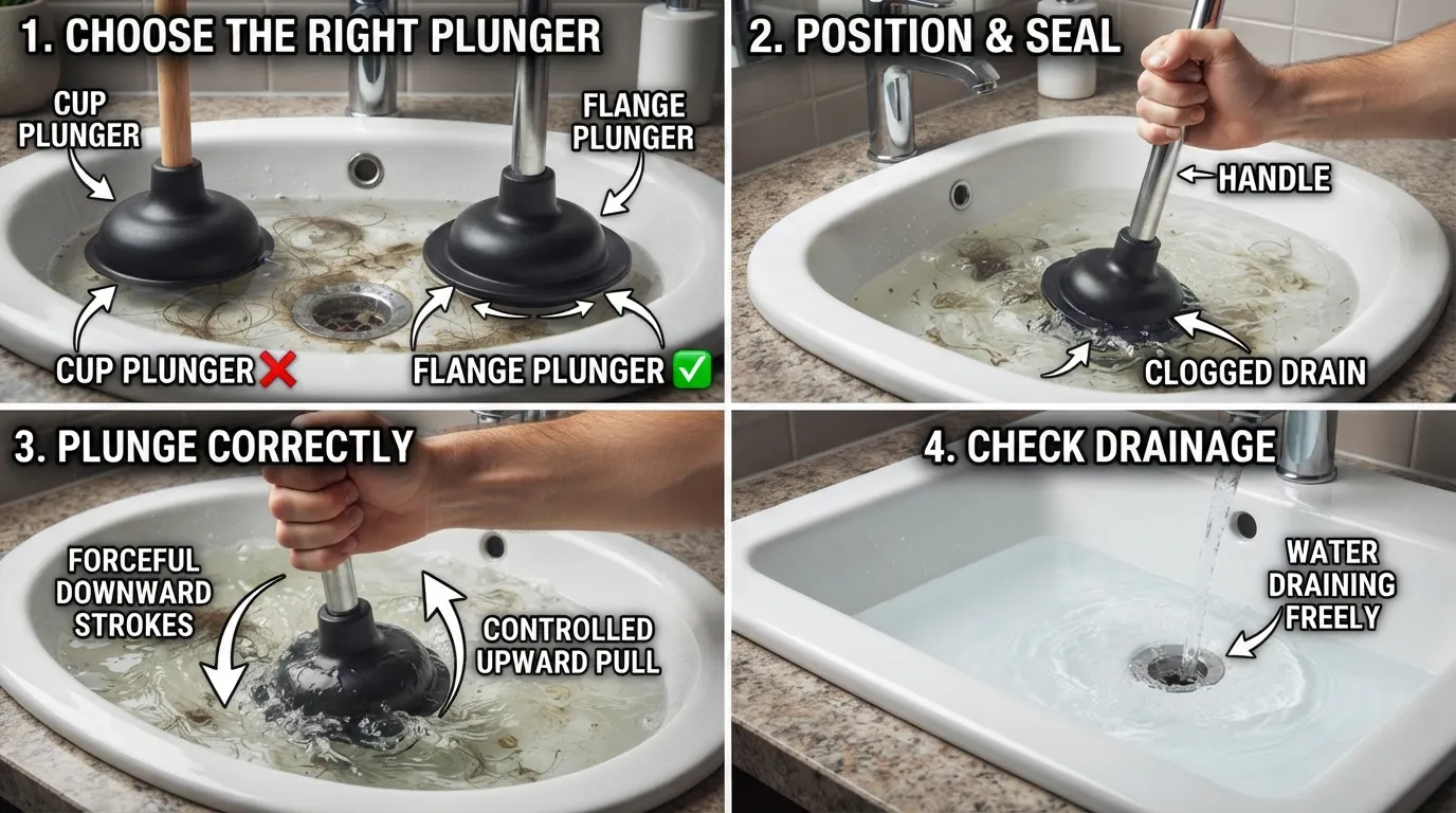 Different drain plungers shown with a clogged drain, illustrating how to choose the correct plunger and use it properly to clear the blockage.