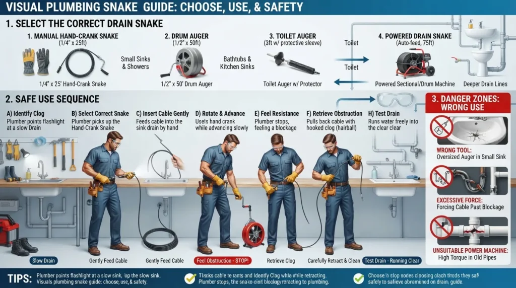 Visual guide showing how to choose the right plumbing snake for different drain clogs and use it safely without damaging pipes or fixtures.