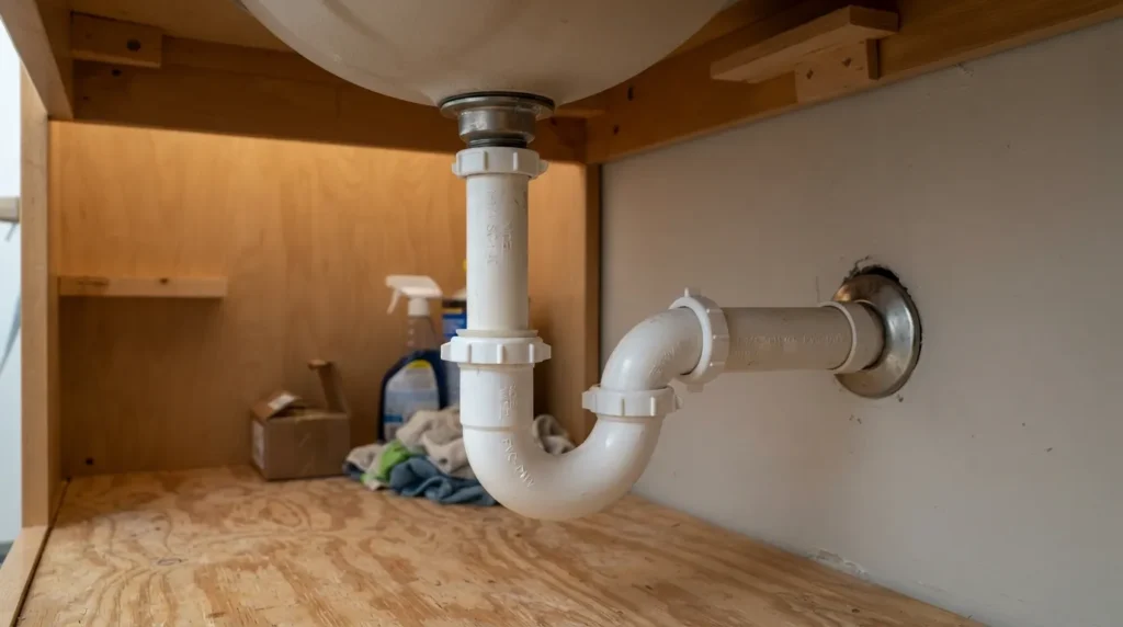 Correct P-trap installation under a sink showing the sink drain, tailpiece, slip-joint connections, curved P-trap, trap arm, and wall drain connection.