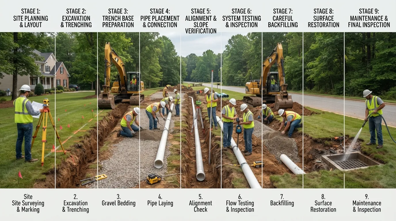 Drainage construction process showing system planning, trench excavation, drain pipe installation, testing, backfilling, and ongoing maintenance.