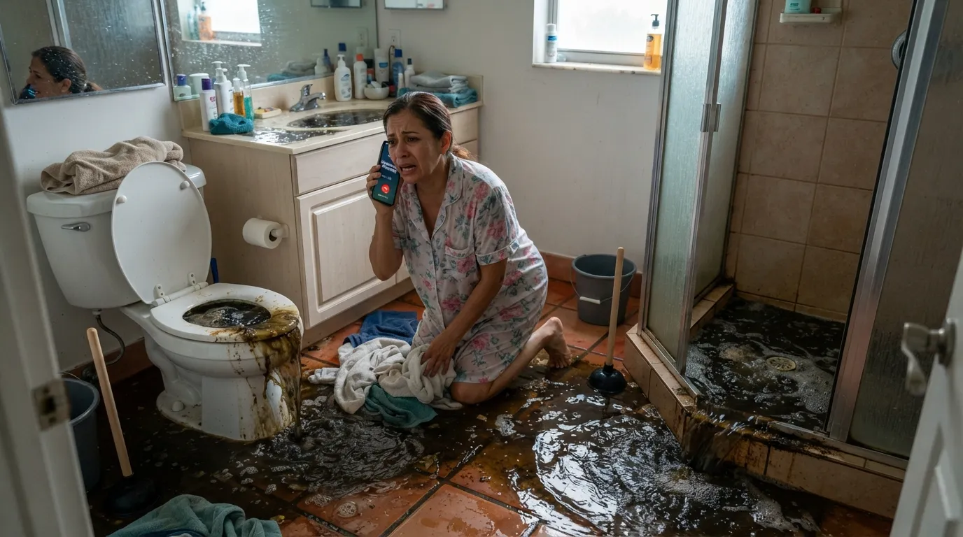 Miami home showing an urgent drainage problem with sewage backup, multiple clogged fixtures, overflowing wastewater, and a homeowner calling an emergency plumber.