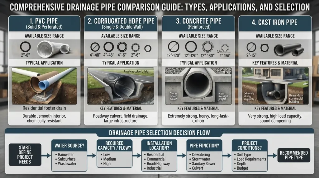 Visual guide comparing drainage pipe types, common sizes, typical uses, and key factors for choosing the right drainage pipe.