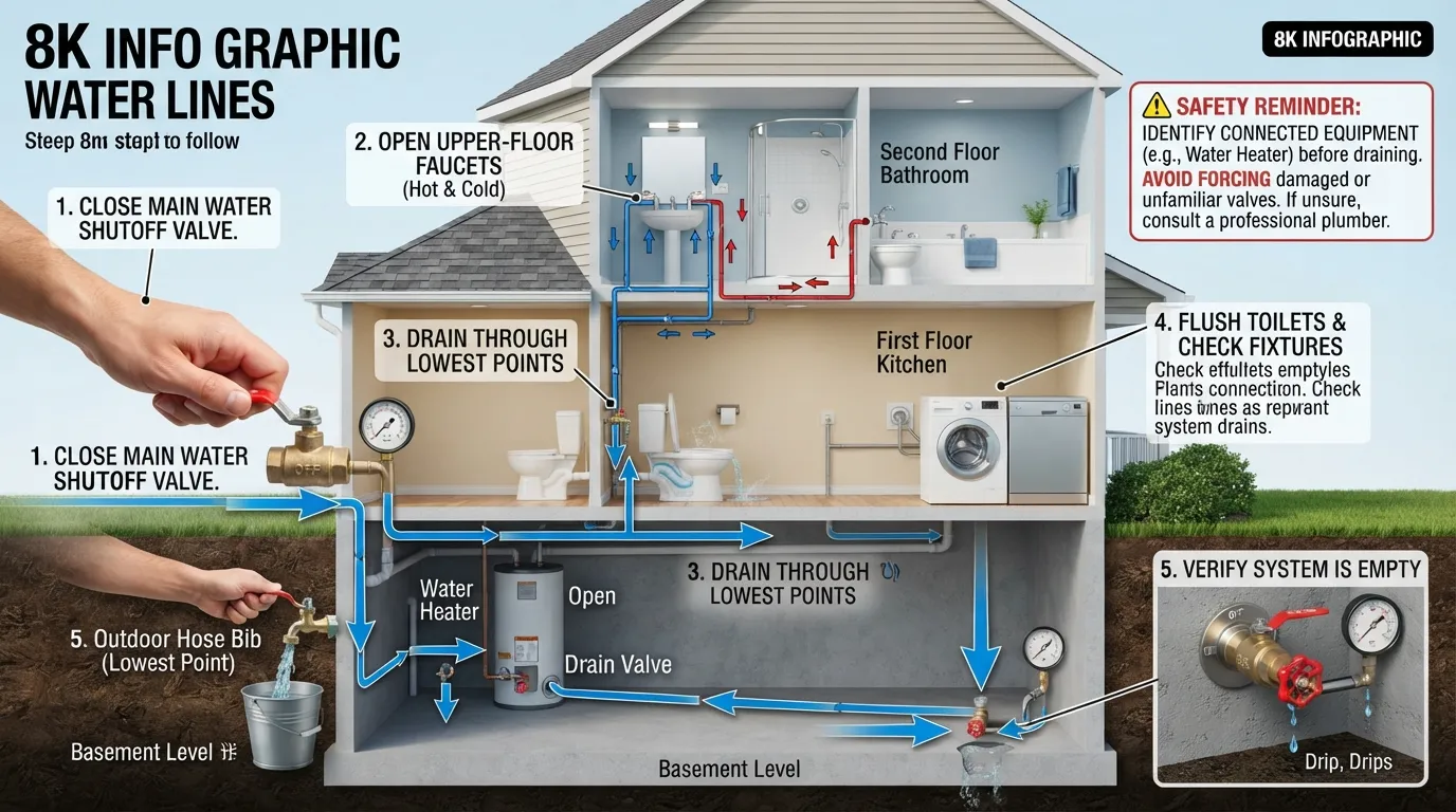 Home plumbing diagram showing how to safely drain water lines by shutting off the main water supply, opening upper faucets, and letting water flow out through lower fixtures.