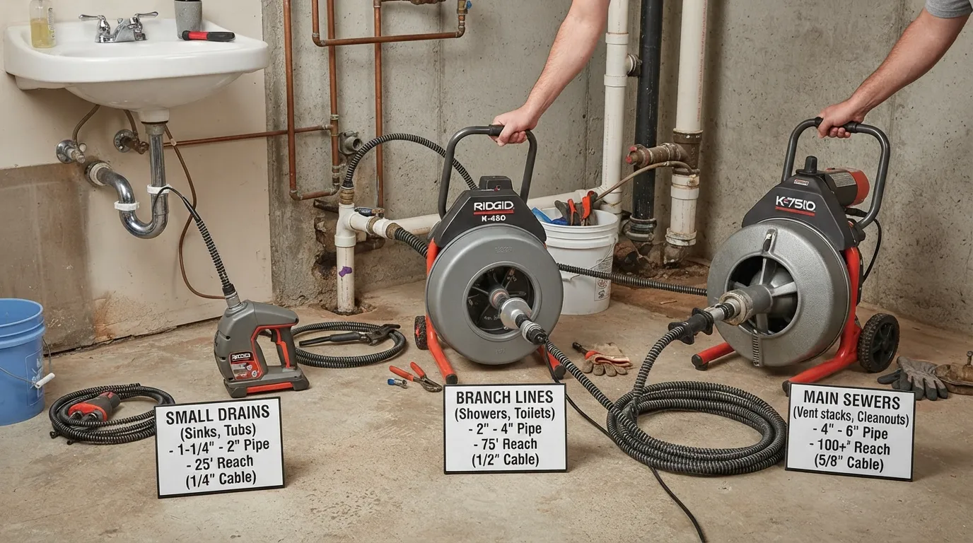 Homeowner comparing electric plumbing snakes by drain type, cable length, cable diameter, clog location, and pipe size to choose the right drain snake.