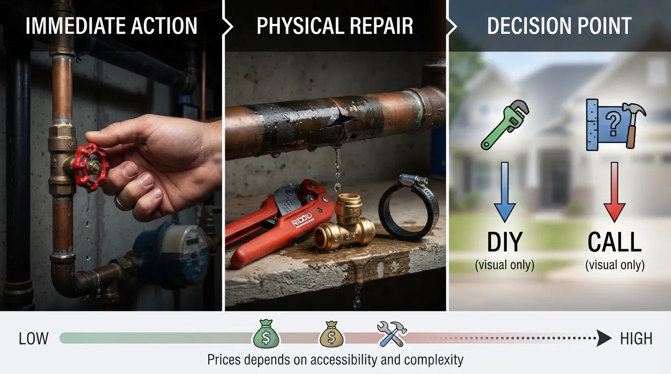 Homeowner shutting off main water valve during a pipe break emergency, with repair tools and a cost estimate checklist shown nearby