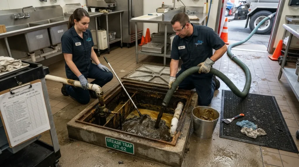 Technician cleaning a grease trap by removing built-up fat, oil, grease, and food waste to prevent odors, clogs, and drain problems.