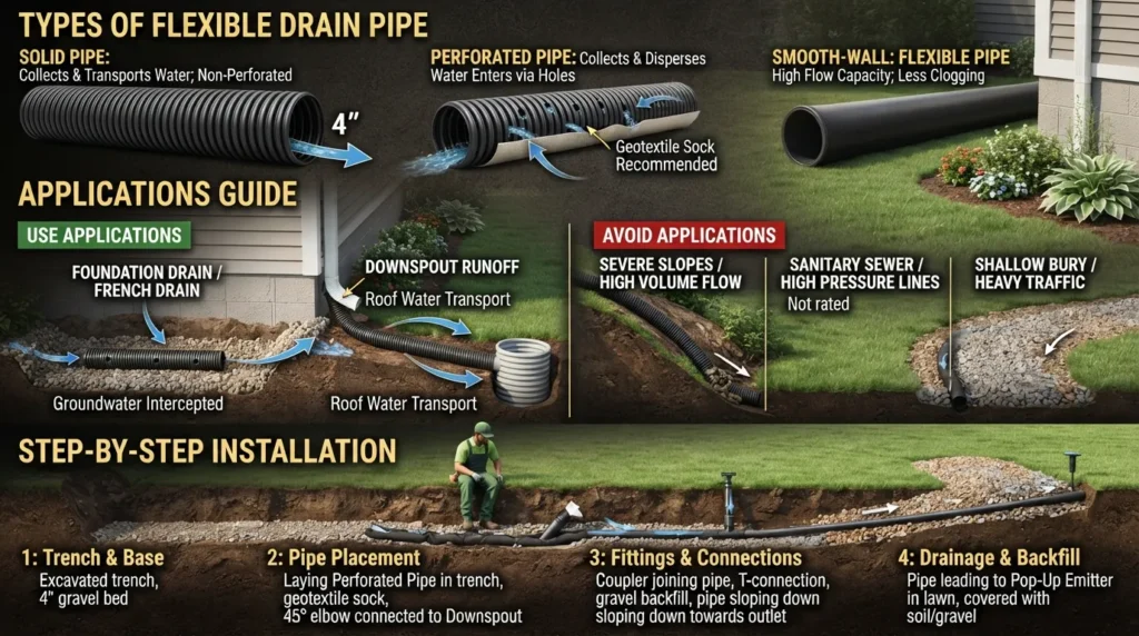 Visual guide showing flex pipe drain types, common uses, basic installation steps, and examples of when flexible drain pipe should and should not be used.