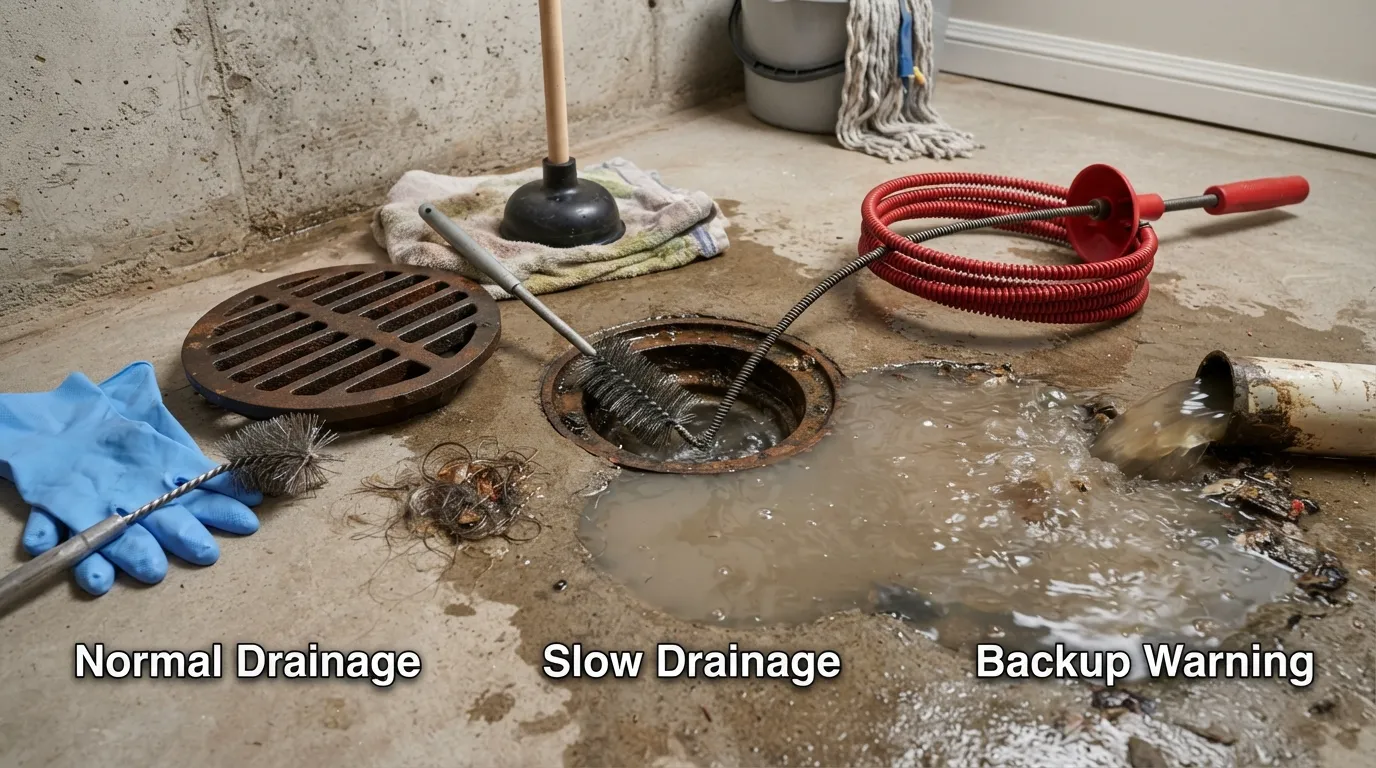 Floor drain cleaning guide showing how to remove debris, clear a clog, check drainage, and identify signs of a deeper backup.
