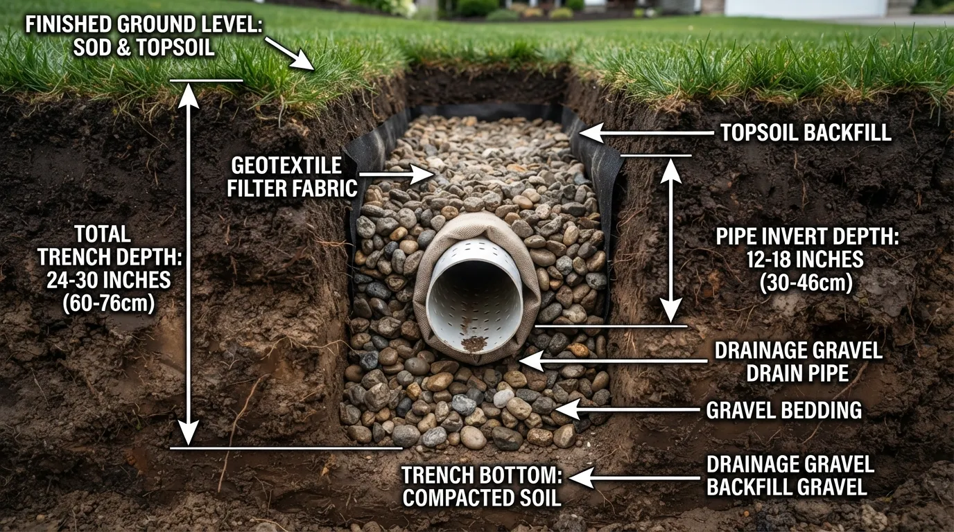 Cross-section showing a French drain trench with the correct depth, perforated pipe placement, gravel layers, ground level, and measurement from the surface to the bottom of the trench.