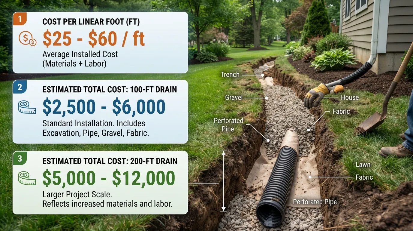 French drain installation cost comparison showing price per linear foot with estimated project costs for 100-foot and 200-foot French drain installations in 2026.